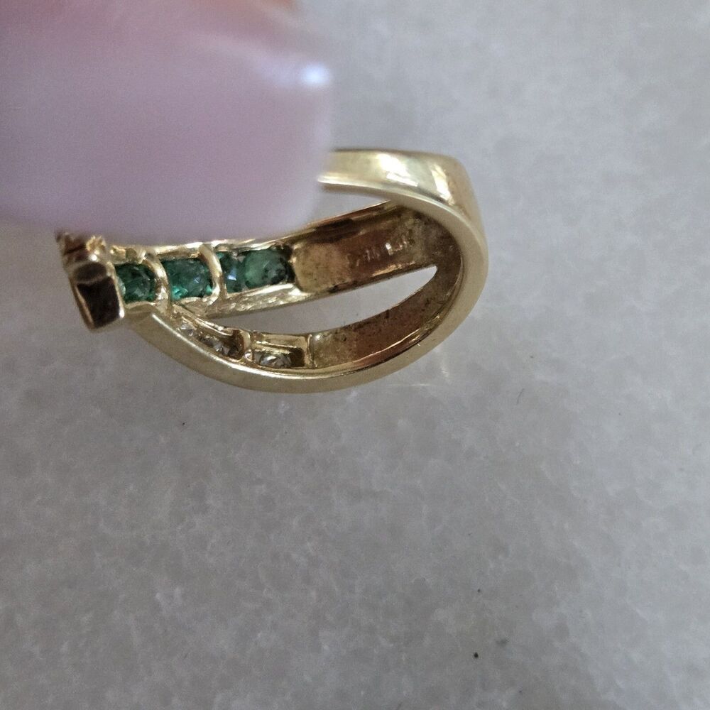 Estate 14K Yellow Gold Emerald Huggie Earrings - Picture 8 of 12